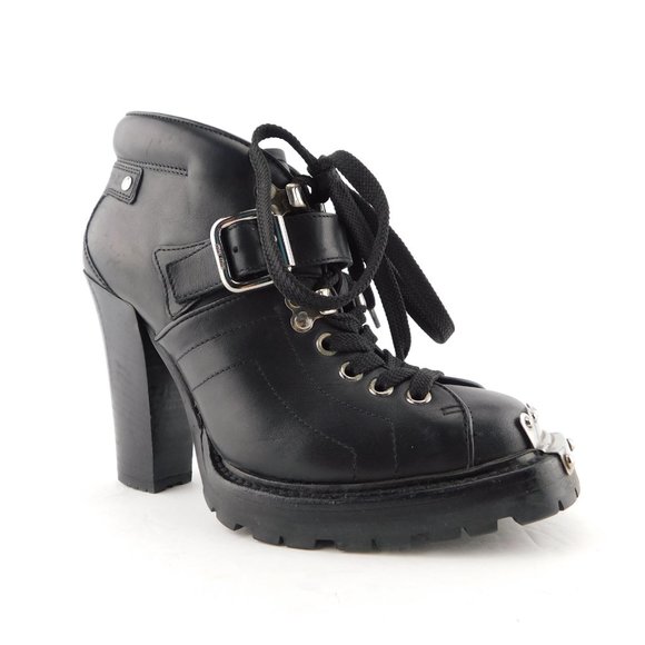 MIU MIU Black Leather Steel Plated Toe Lace Up Buckled Block Heel Booties 35 - Picture 3 of 9